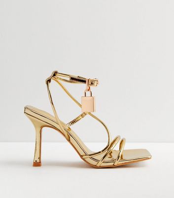 Extra Wide Fit Gold Strappy Mid Block Heel Sandals | New Look