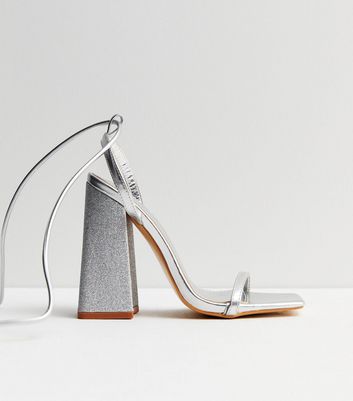 Public Desire Silver Glitter Strappy Block Heel Sandals | New Look