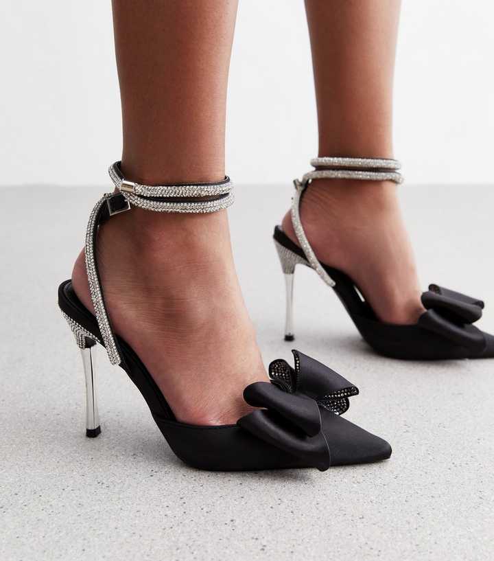 Public Desire Black Satin Diamanté Stiletto Heel Court Shoes | New Look