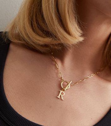 Real Gold Plate R Initial Chain Necklace New Look