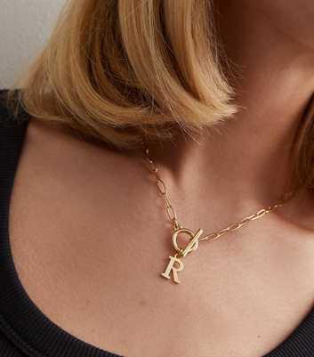 Real Gold Plate R Initial Chain Necklace
