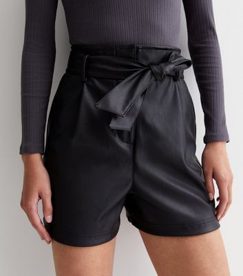 Tall Black Leather-Look Belted Shorts New Look