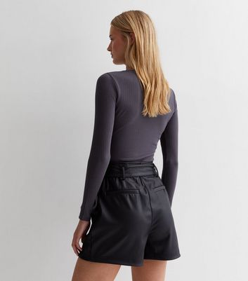 Tall Black Leather-Look Belted Shorts