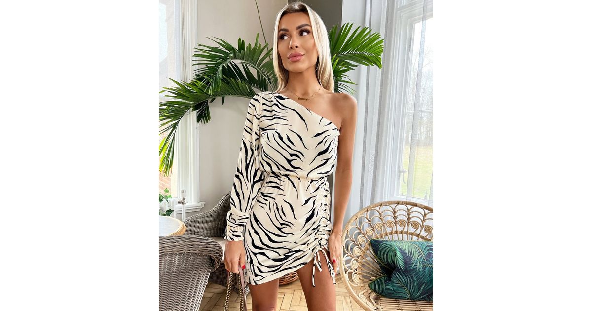AX Paris Cream Zebra Print One Shoulder Mini Dress New Look