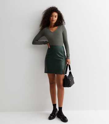 Tall Dark Green Leather-Look Split Hem Mini Skirt