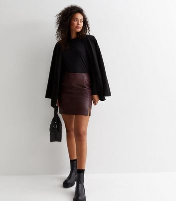 Tall Burgundy Leather-Look Split Hem Mini Skirt New Look