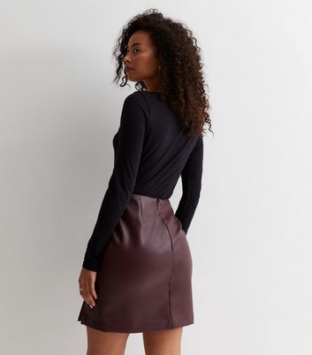 Tall Burgundy Leather Look Split Hem Mini Skirt New Look