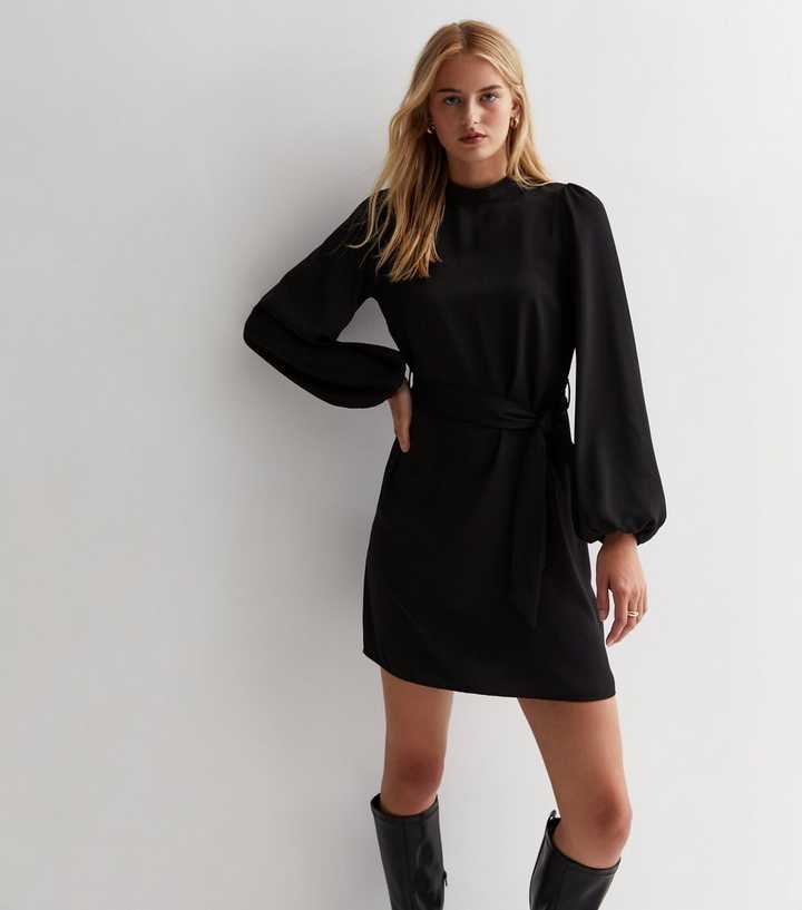 Tall Black Puff Sleeve Belted Mini Dress