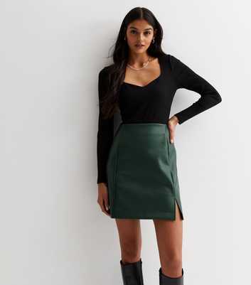 Dark Green Leather-Look Split Hem Mini Skirt