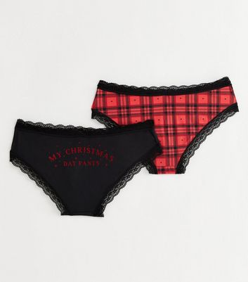 2 Pack Black and Red Check Christmas Short Briefs New Look