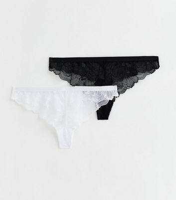 2 Pack Black and White Lace Thongs New Look