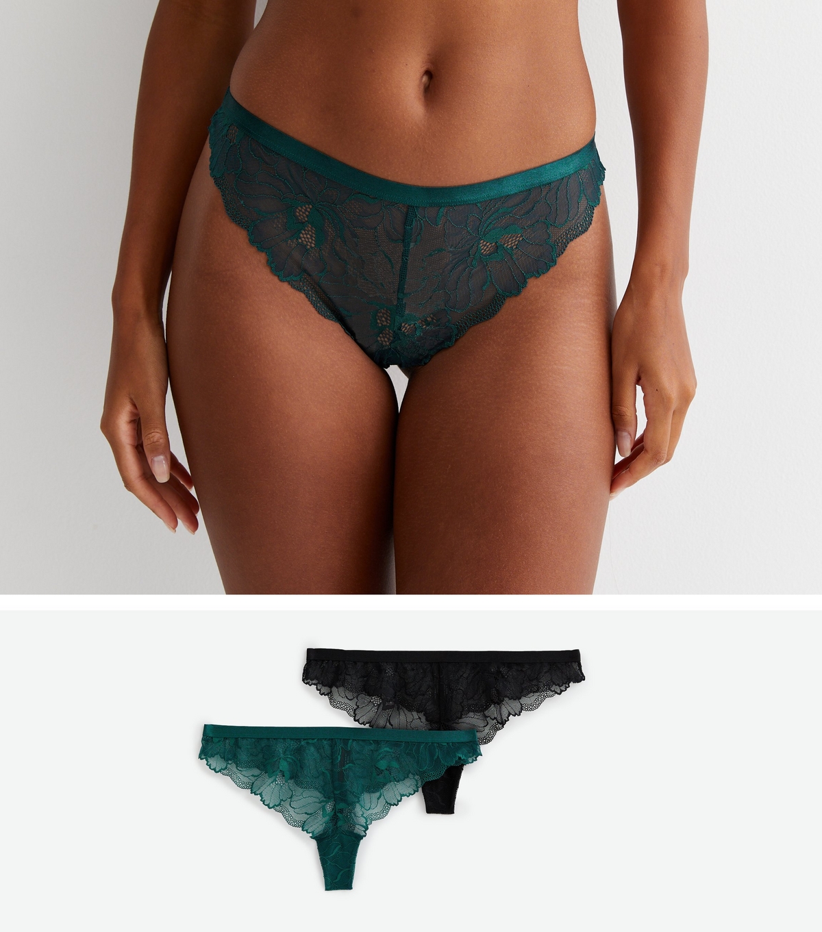 Women's 2 Pack Black and Teal Lace Thongs New Look