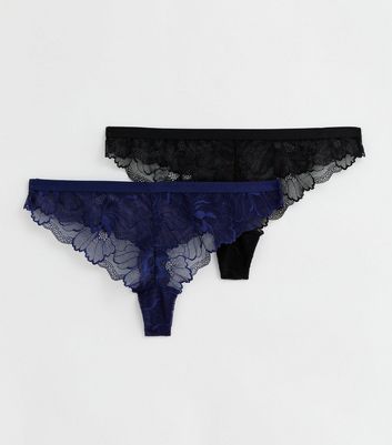 2 Pack Black and Indigo Lace Thongs New Look