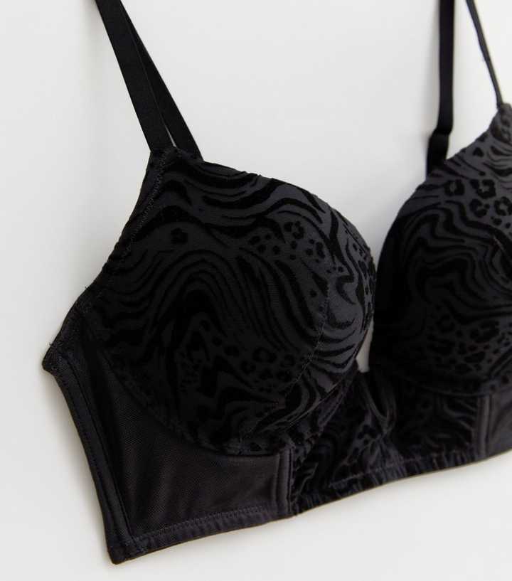 Black Animal Flocked Longline Push Up Bra