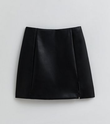 Petite Black Leather-Look Split Hem Mini Skirt New Look