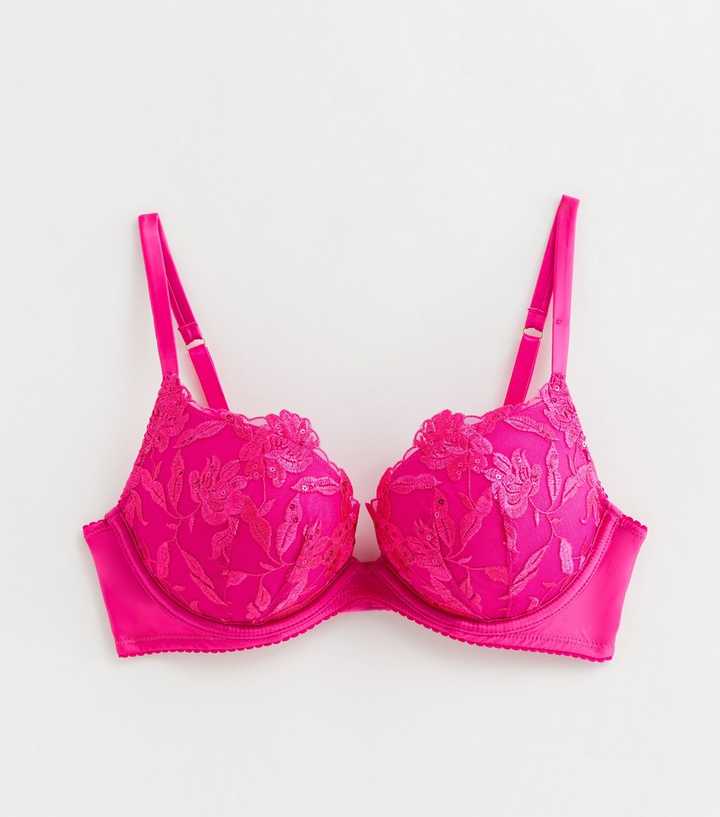 Bright Pink Sequin Embroidered Push Up Bra