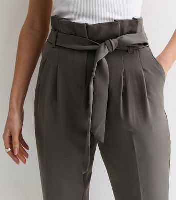 Dark Grey High Waist Paperbag Trousers New Look