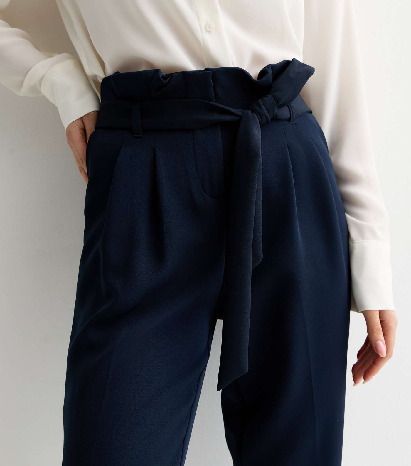Navy High Waist Paperbag Trousers Image 3