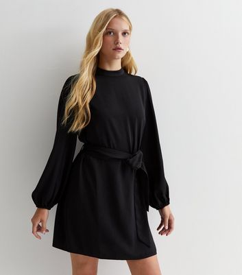 Petite Black High Neck Belted Mini Dress | New Look