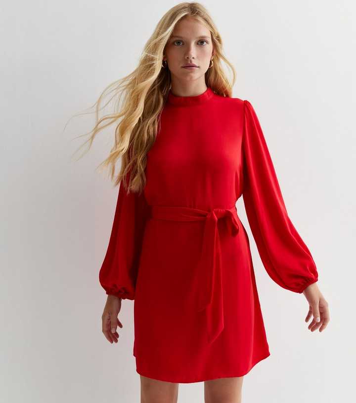 petite red dress new look Petite Red High Neck Belted Mini Dress