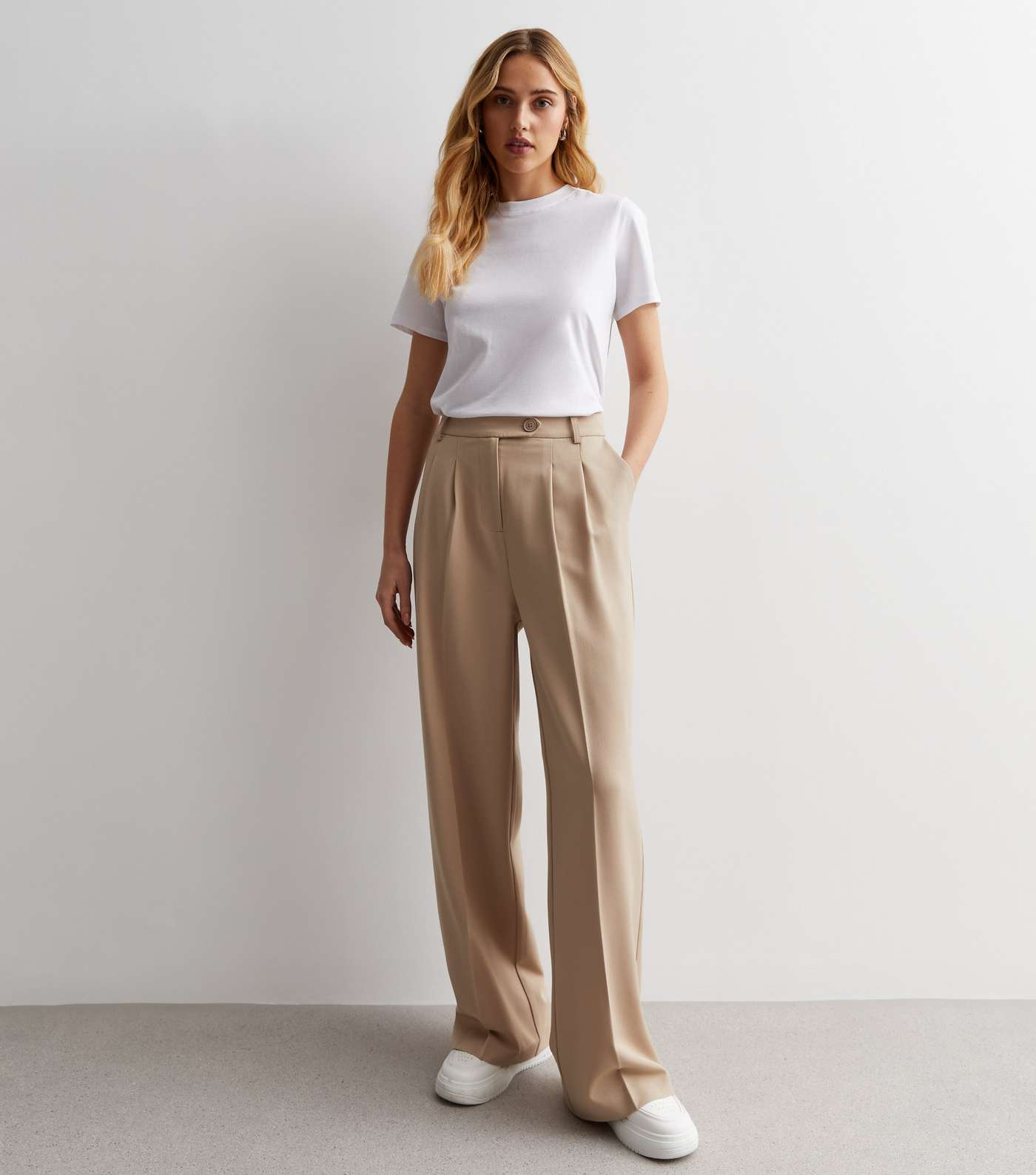 Stone High Waist Tailored Wide Leg Trousers Image 3