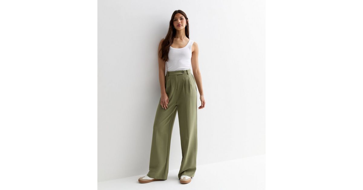 Dark Olive High Waist Long Wide Leg Trousers main image 0