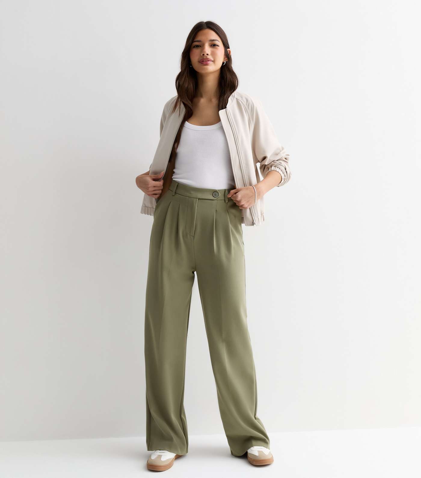 Olive Wide Leg Tailored Trousers Image 3