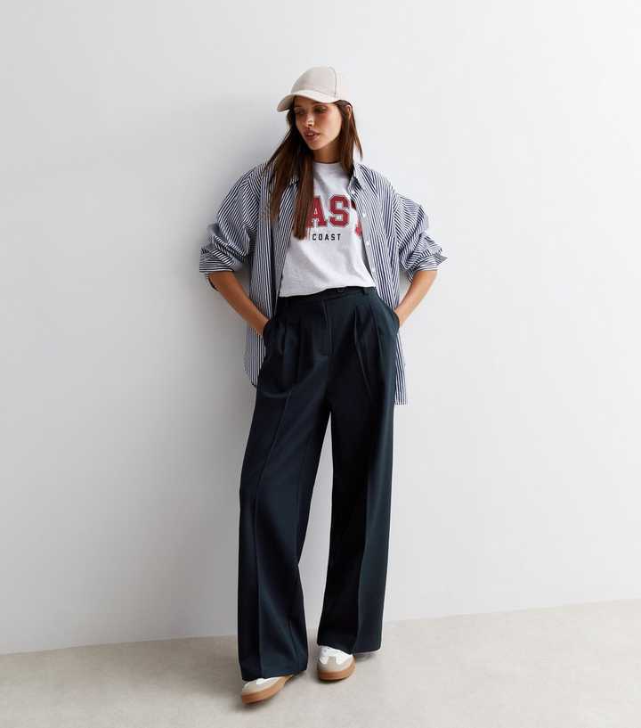 Navy Wide Leg Tailored Trousers