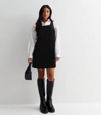 Petite Black Cord Mini Pinafore Dress