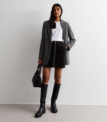 Black Cord Zip Front Mini Skirt