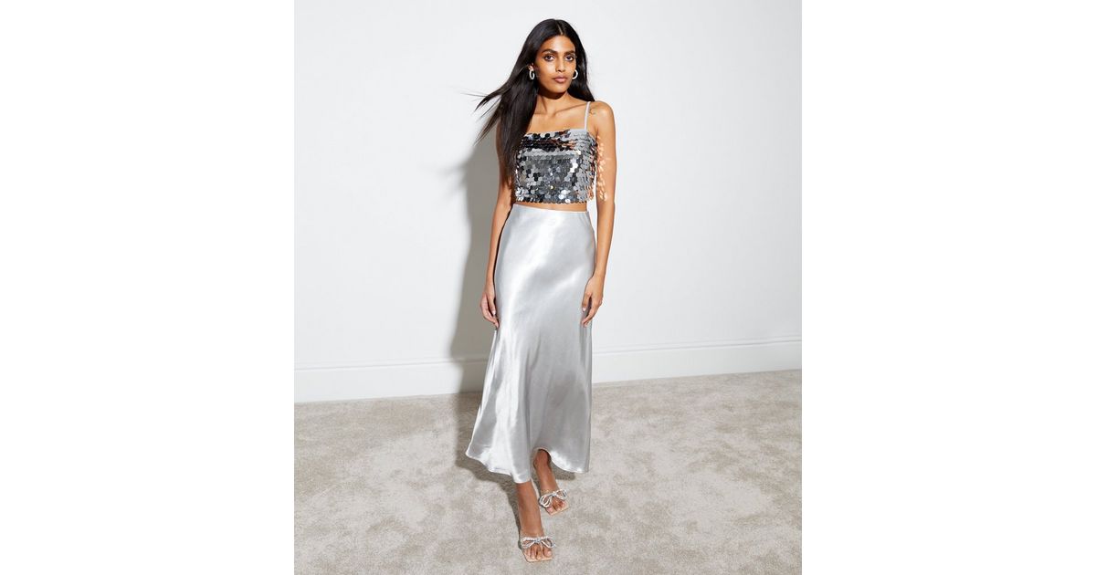 Silver Satin Midaxi Skirt New Look