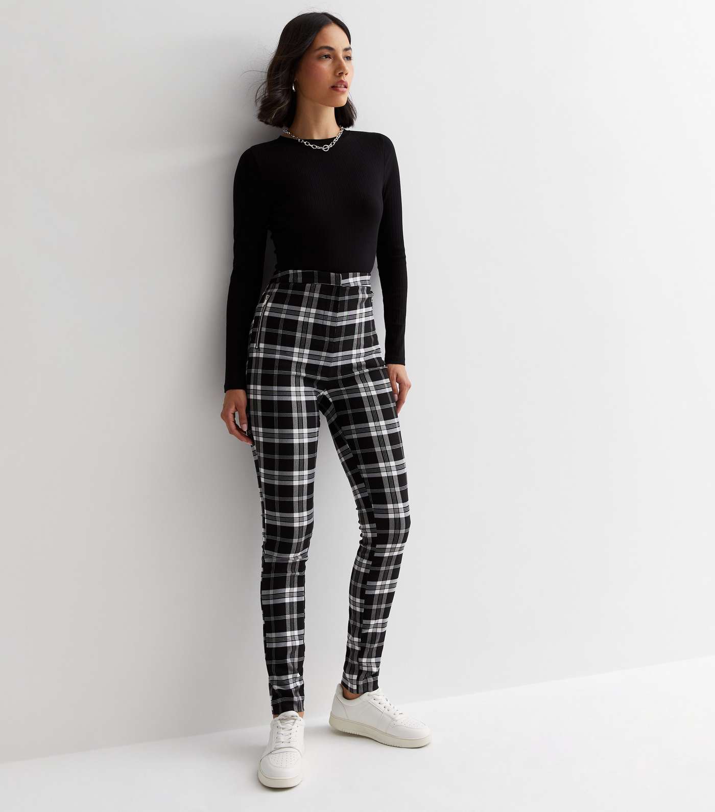 Black Check High Waist Slim Fit Trousers Image 3