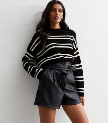 Black Leather-Look Belted Shorts