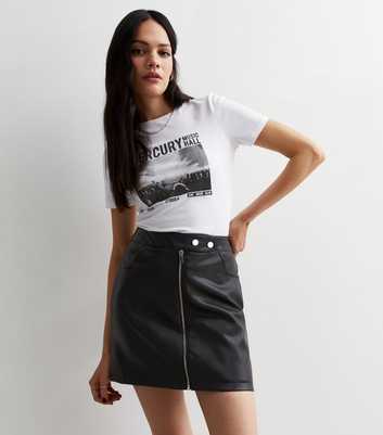 Black Leather-Look Zip Front Mini Skirt