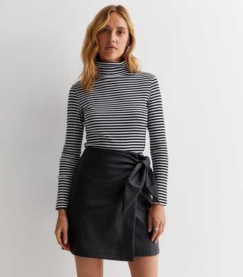 Black Leather-Look Tie Wrap Mini Skirt
