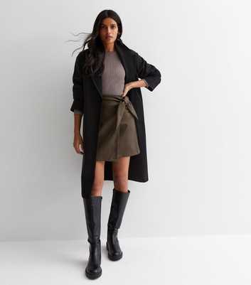 Khaki Leather-Look Tie Wrap Mini Skirt