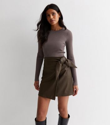 Khaki Leather-Look Tie Wrap Mini Skirt New Look