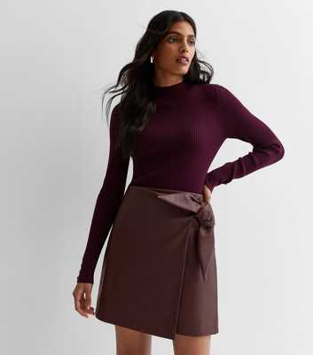Burgundy Leather-Look Tie Wrap Mini Skirt