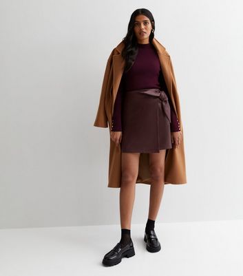 Burgundy Leather-Look Tie Wrap Mini Skirt New Look