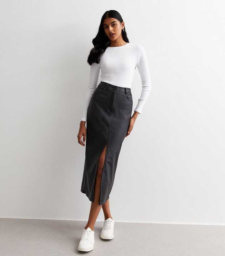 Black Leather-Look Coated Split Hem Midi Skirt