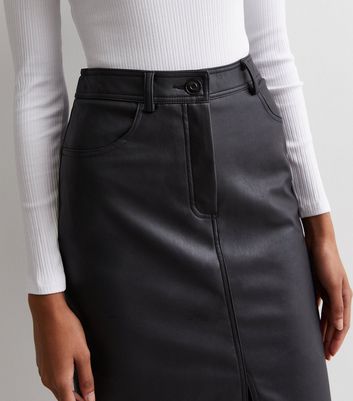 Black Leather Look Coated Split Hem Midi Skirt New Look