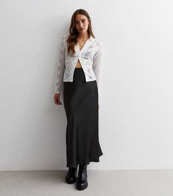 Black Shine Satin Bias Cut Midi Skirt