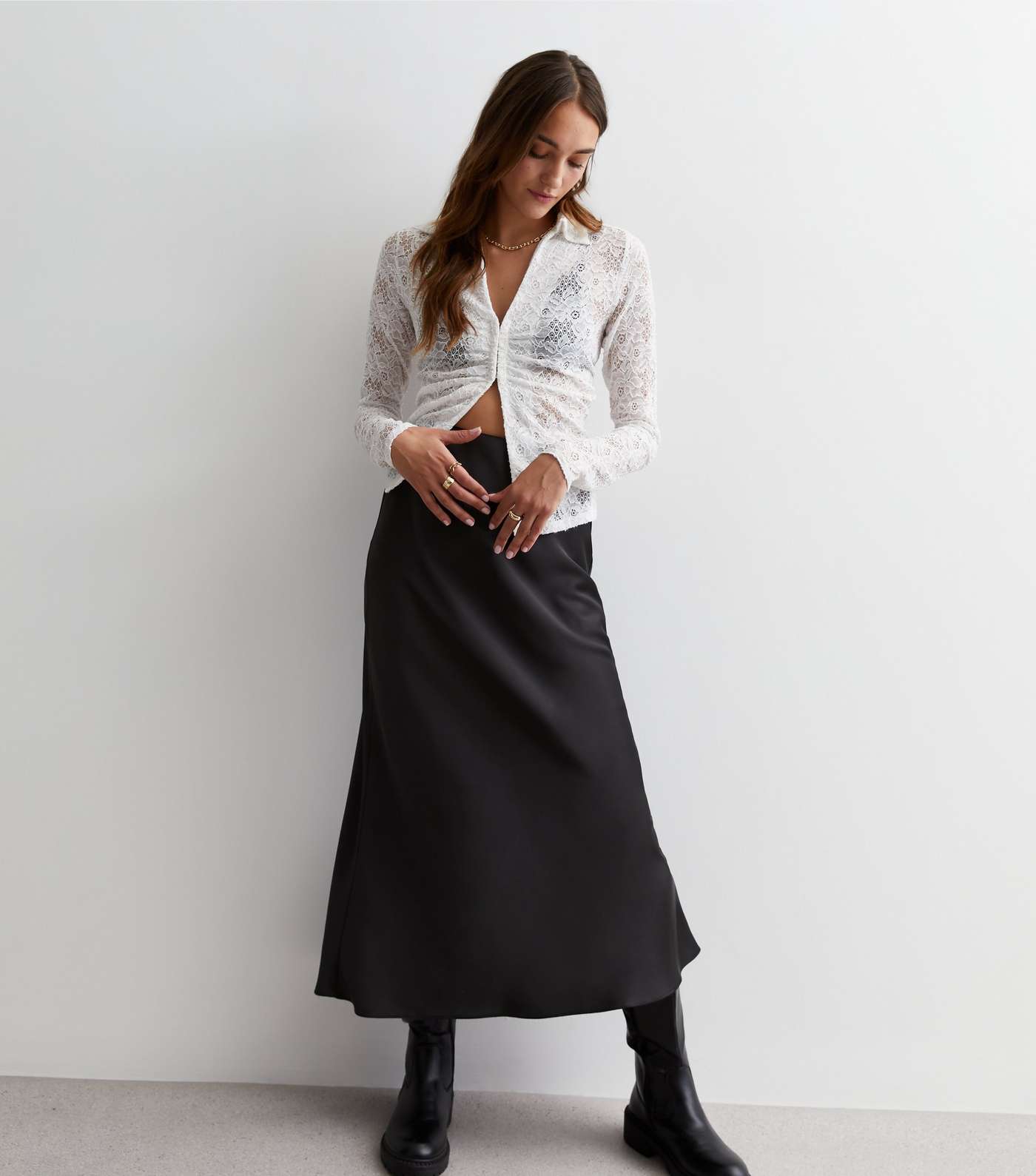 Black Shine Satin Bias Cut Midi Skirt Image 3