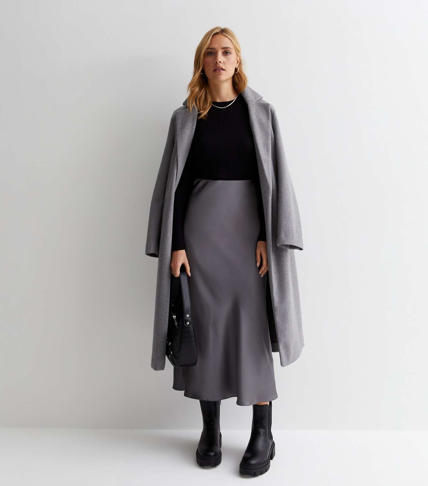 Dark Grey Shine Satin Bias Cut Midi Skirt Image 3