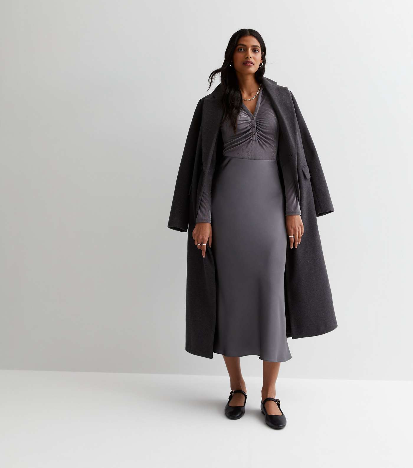 Dark Grey Shine Satin Bias Cut Midi Skirt Image 5