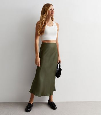 Khaki Shine Satin Bias Cut Midi Skirt New Look