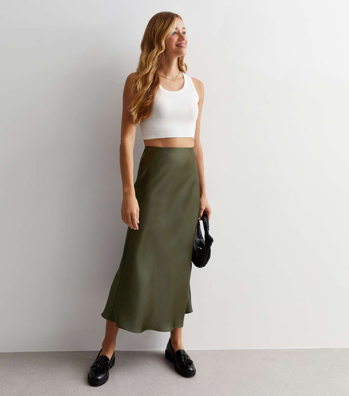 Khaki Shine Satin Bias Cut Midi Skirt Image 2