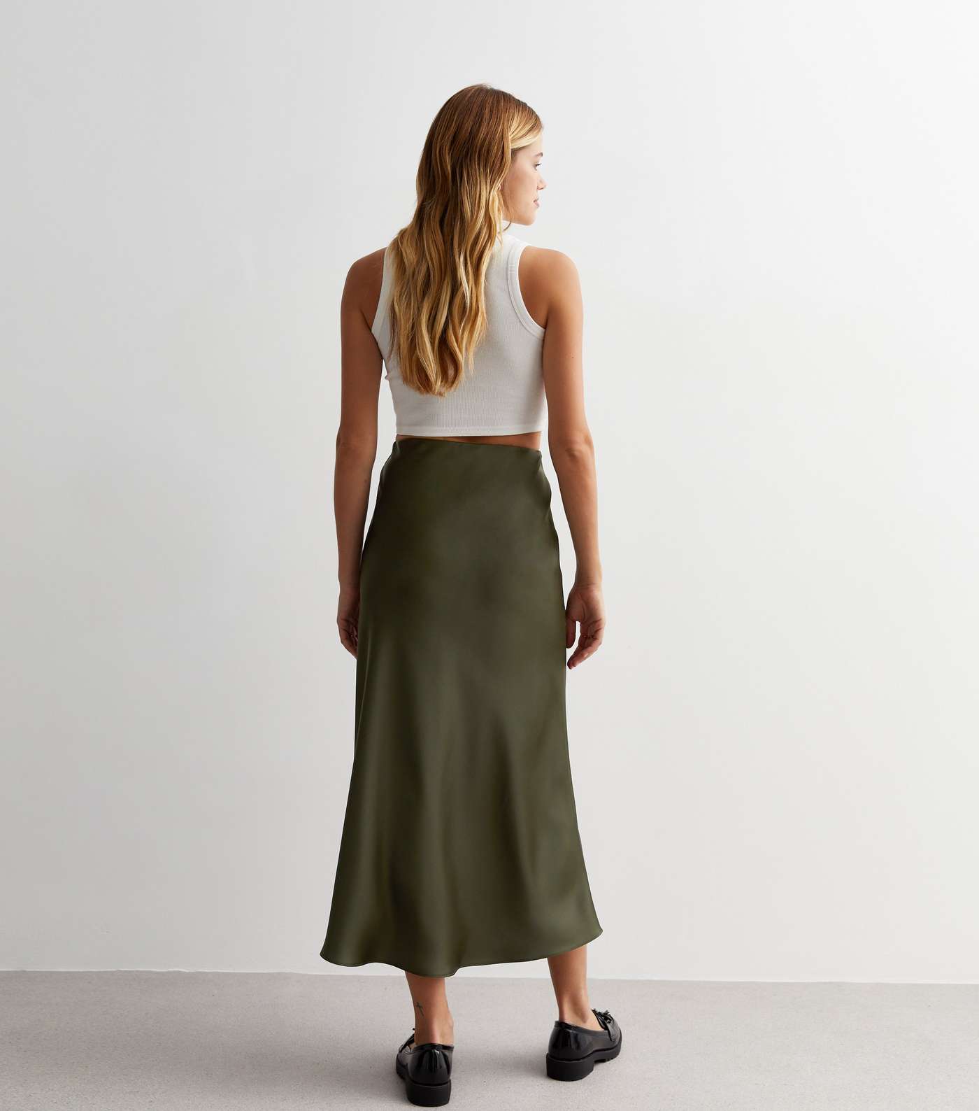 Khaki Shine Satin Bias Cut Midi Skirt Image 4