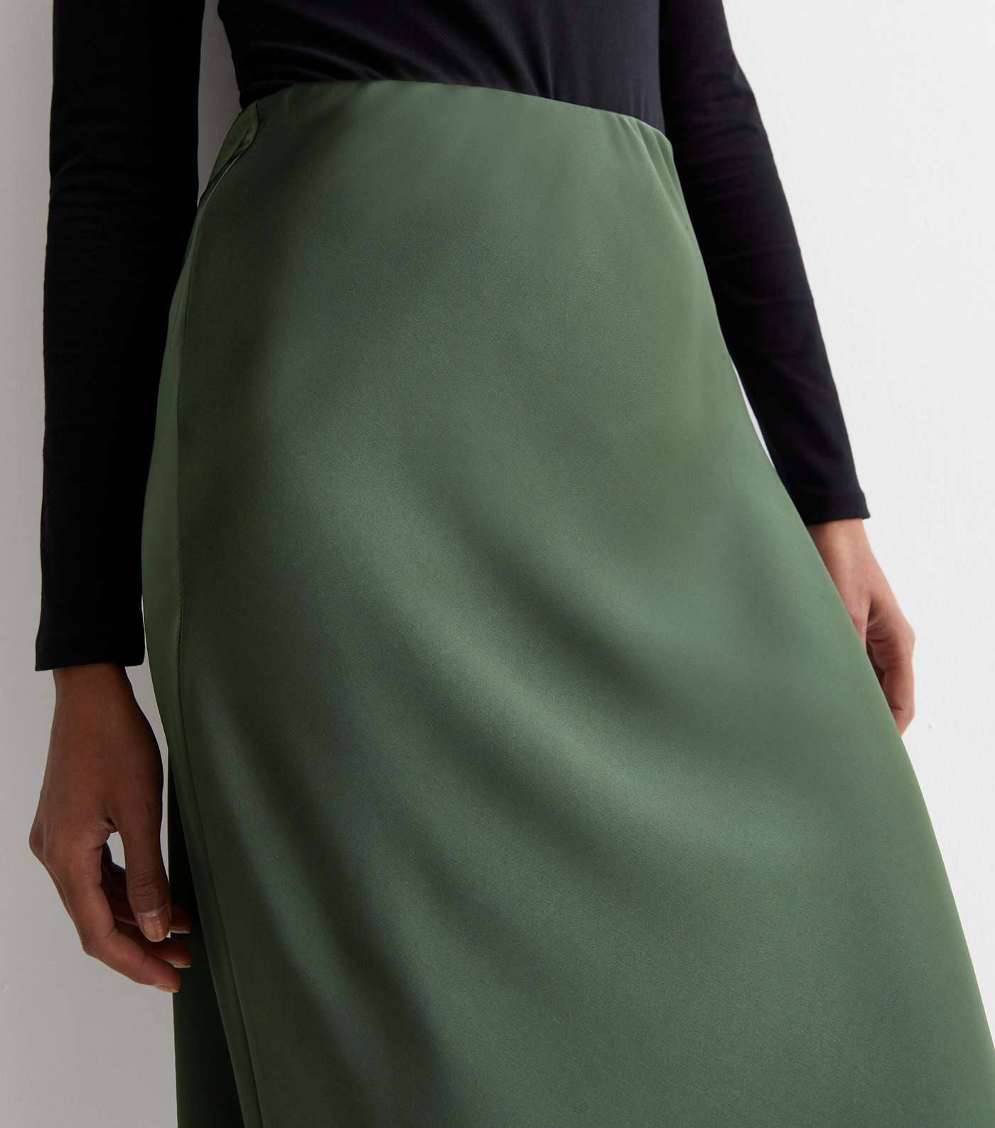 Dark Green Shine Satin Bias Cut Midi Skirt Image 2