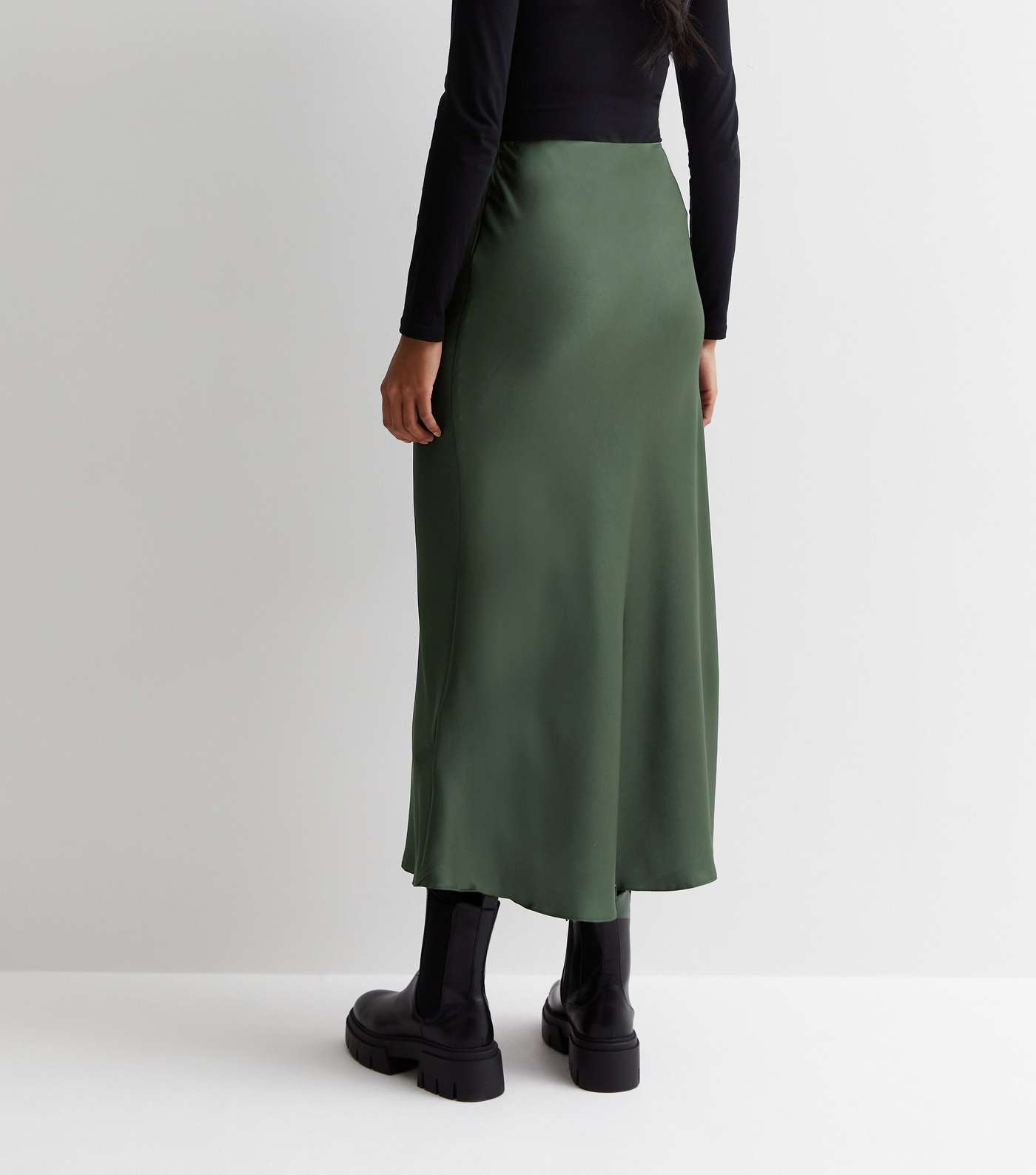 Dark Green Shine Satin Bias Cut Midi Skirt Image 4